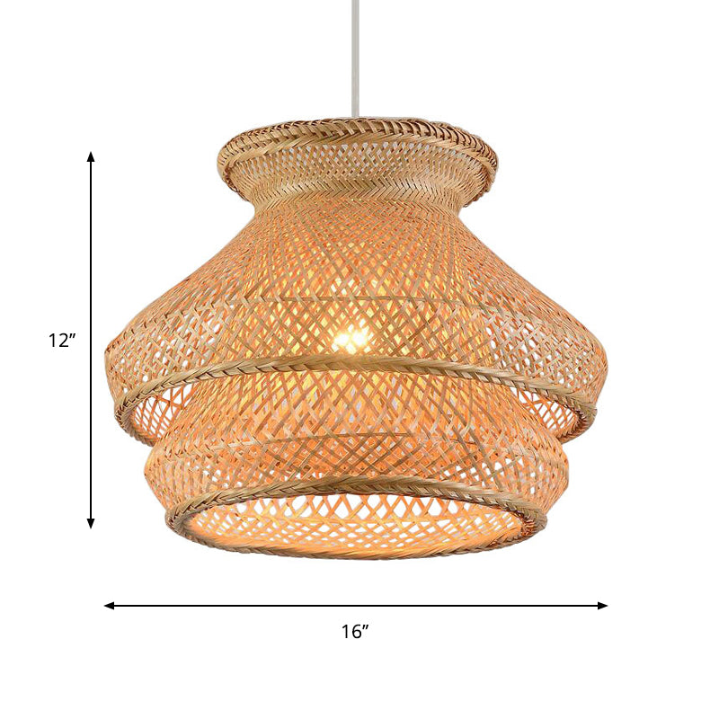 Retro 2-Tier Wood Hanging Ceiling Light with Bamboo Shade - 1 Bulb Suspension Lighting