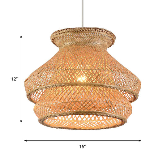 Retro 2-Tier Wood Hanging Ceiling Light with Bamboo Shade - 1 Bulb Suspension Lighting