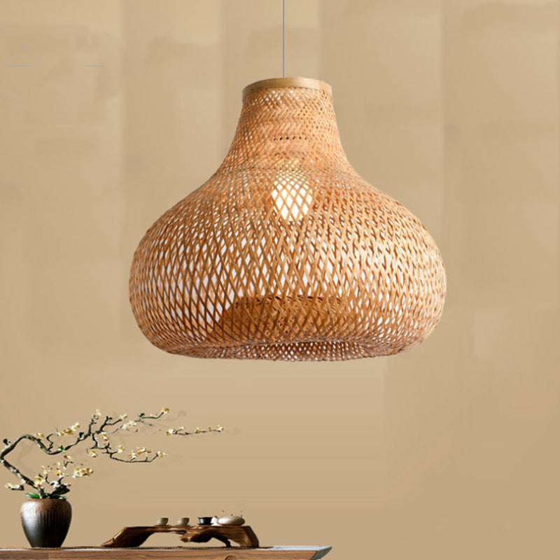 Wood Jar Pendant Light W/ Bamboo Shade - Perfect For Restaurants