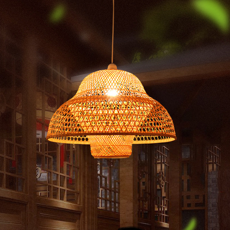 Handmade Bamboo Pendant Lighting Fixture - Traditional Wood Hanging Light With 1 Bulb

Or