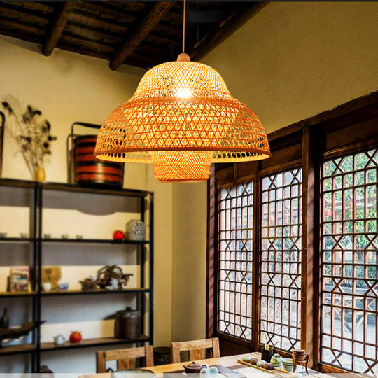 Handmade Bamboo Pendant Lighting Fixture - Traditional Wood Hanging Light With 1 Bulb

Or