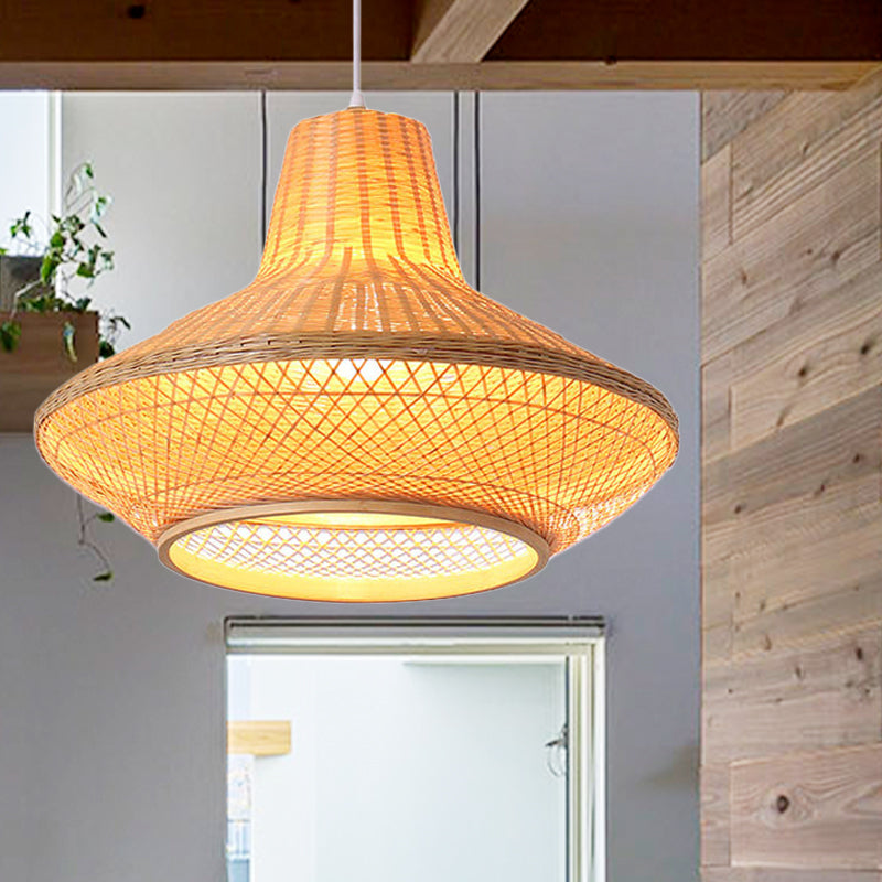 Contemporary Wood Teahouse Pendant Light With Bamboo Shade