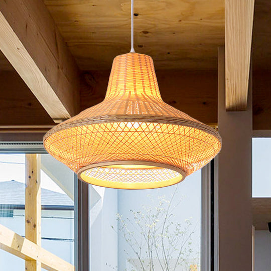 Contemporary Wood Teahouse Pendant Light With Bamboo Shade