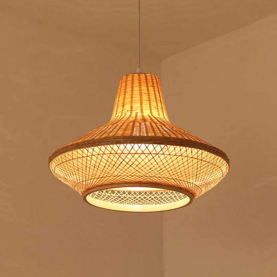 Contemporary Wood Teahouse Pendant Light With Bamboo Shade