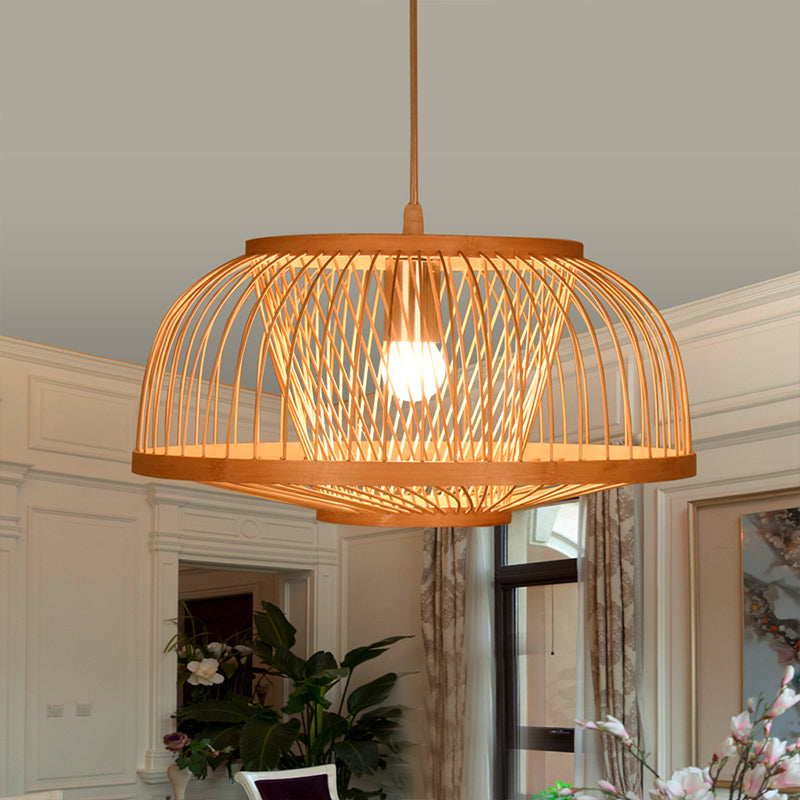 Asian Bamboo Bowl Pendant Light Fixture - Wood Ceiling For Living Room