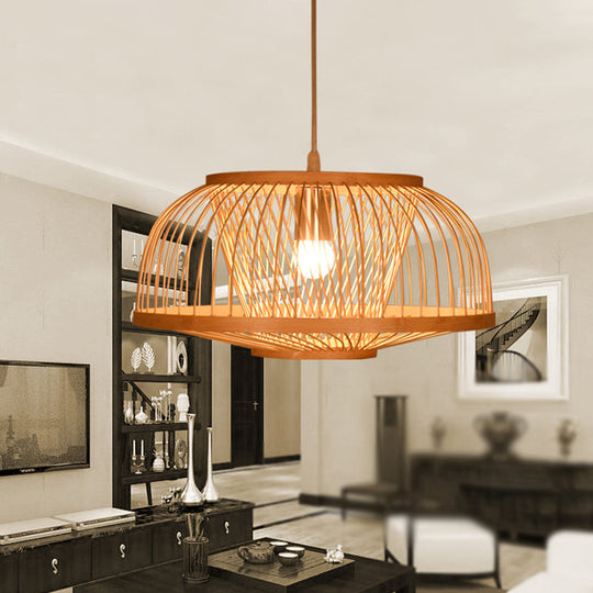 Asian Bamboo Bowl Pendant Light Fixture - Wood Ceiling For Living Room