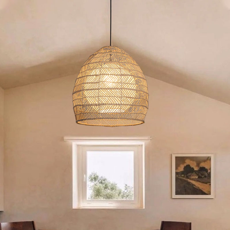 Traditional Rattan Bell Pendant Light - Elegant Wood Ceiling Fixture For Guesthouse