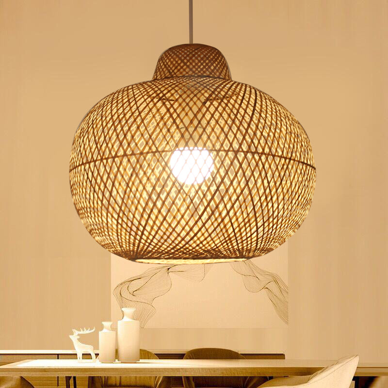 Contemporary Bamboo Globe Pendant Light Kit - Wood Hanging 12/14 Wide