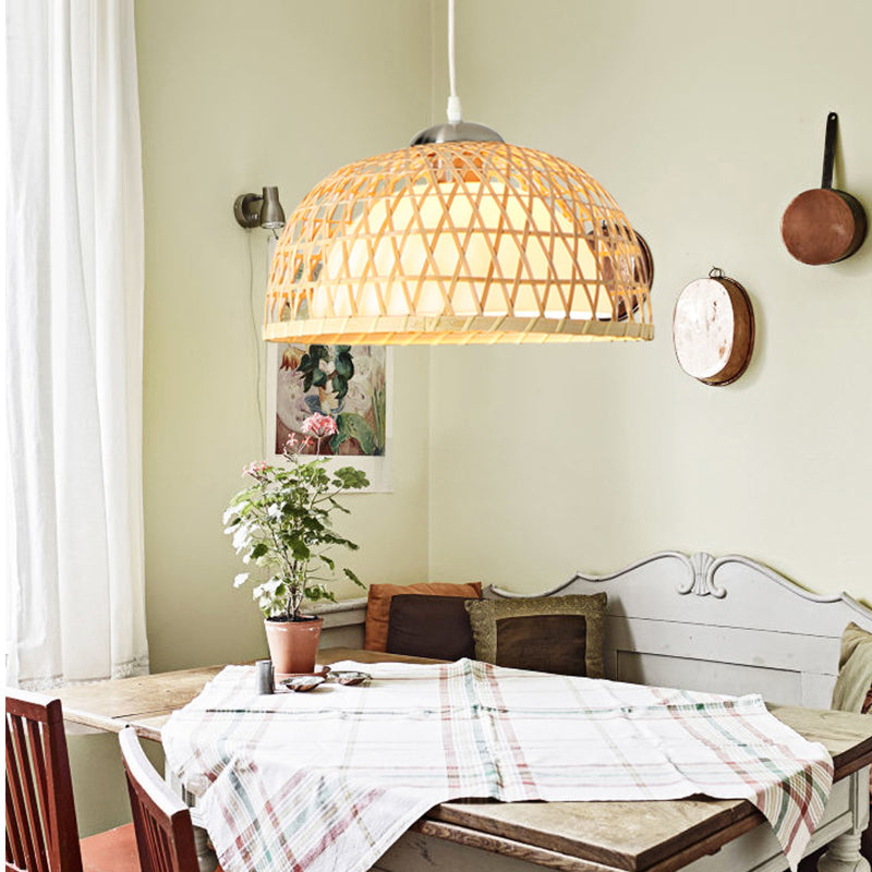 Contemporary Bamboo Dome Pendant Light Fixture For Dining Room - 1 Bulb Hanging Wood Lighting