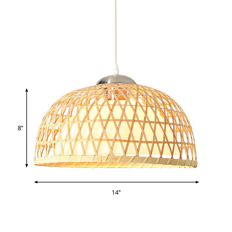 Contemporary Bamboo Dome Pendant Light Fixture For Dining Room - 1 Bulb Hanging Wood Lighting