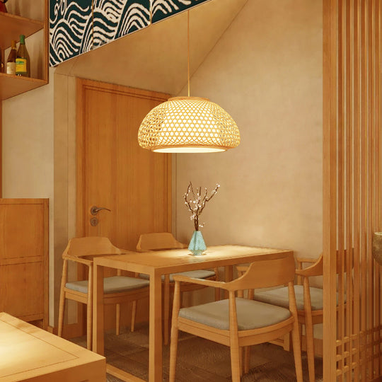 Contemporary Bamboo Bowl Pendant Light Kit - 16/19/23.5 Wide 1 Bulb Wood Hanging Suspension