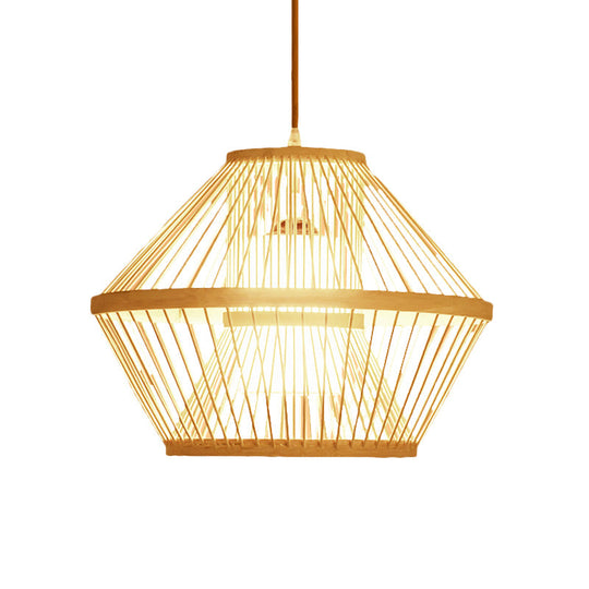 Traditional Bamboo Pendant Lighting: Tapered Bulb Jar-Shaped Hanging Light Fixture In Wood