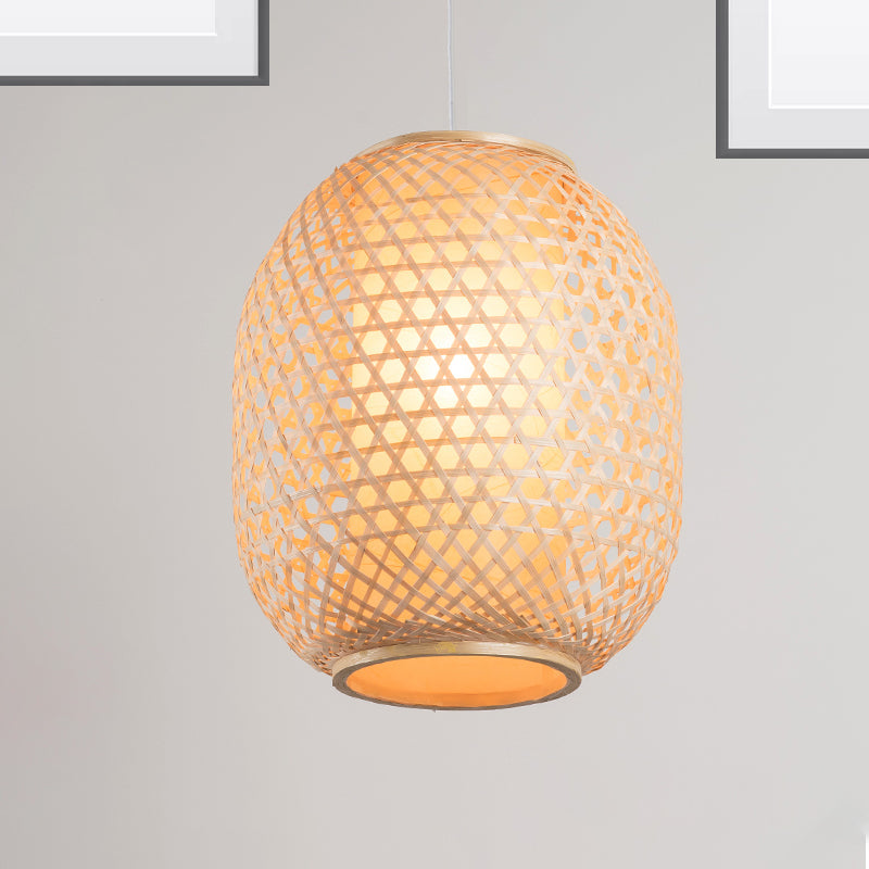 Bamboo Lantern Suspension Pendant: Retro Wood Hanging Light Kit With Fabric Shade