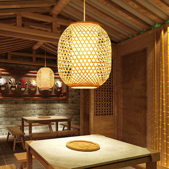 Bamboo Lantern Suspension Pendant: Retro Wood Hanging Light Kit With Fabric Shade