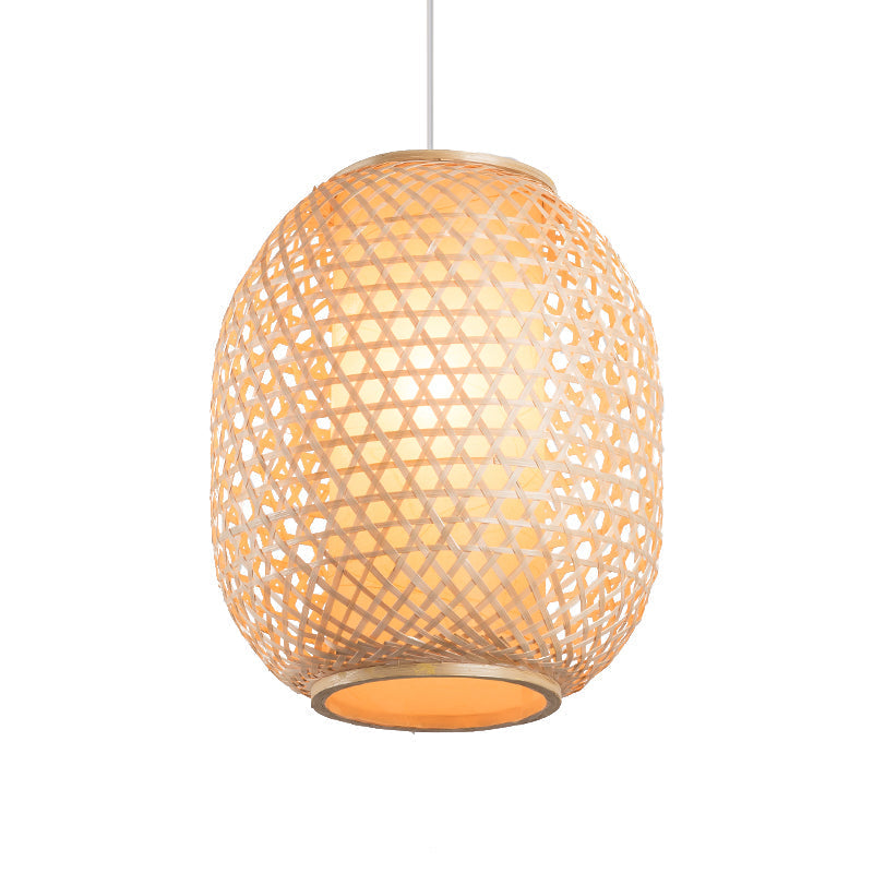 Bamboo Lantern Suspension Pendant: Retro Wood Hanging Light Kit With Fabric Shade