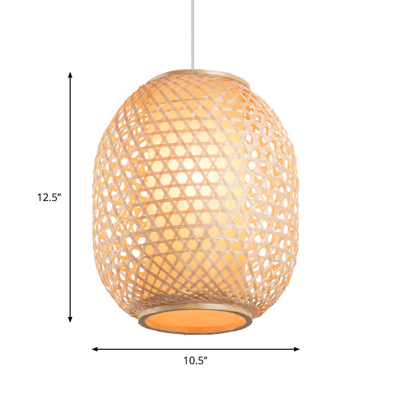 Bamboo Lantern Suspension Pendant: Retro Wood Hanging Light Kit With Fabric Shade