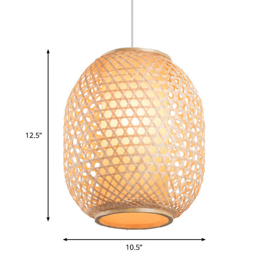 Bamboo Lantern Suspension Pendant: Retro Wood Hanging Light Kit With Fabric Shade