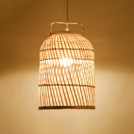 Rustic Bamboo Bird Cage Pendant Lamp With Handle - 1-Bulb Ceiling Hanging Light