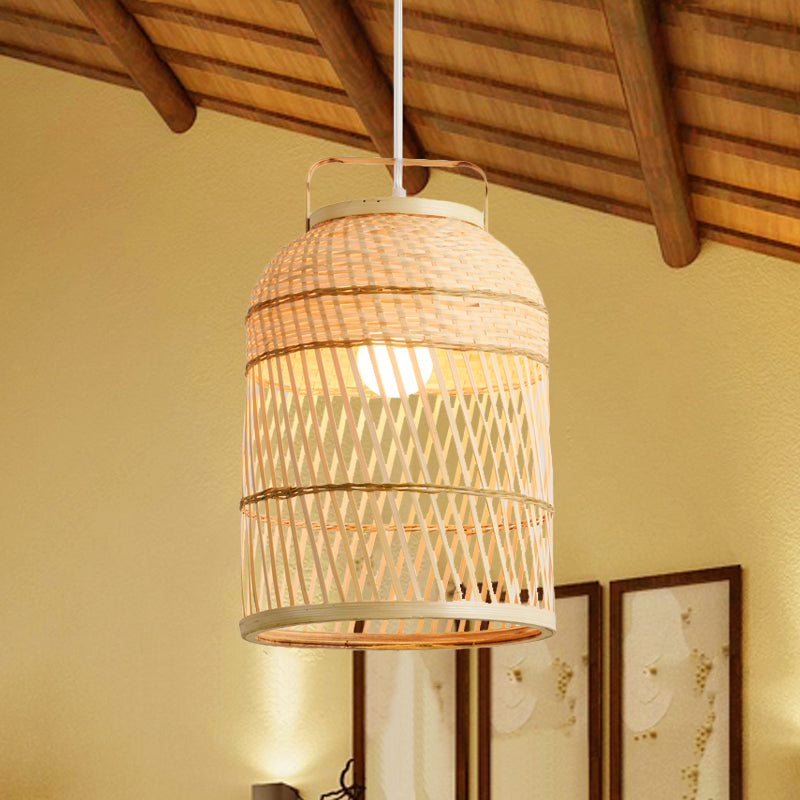 Rustic Bamboo Bird Cage Pendant Lamp With Handle - 1-Bulb Ceiling Hanging Light