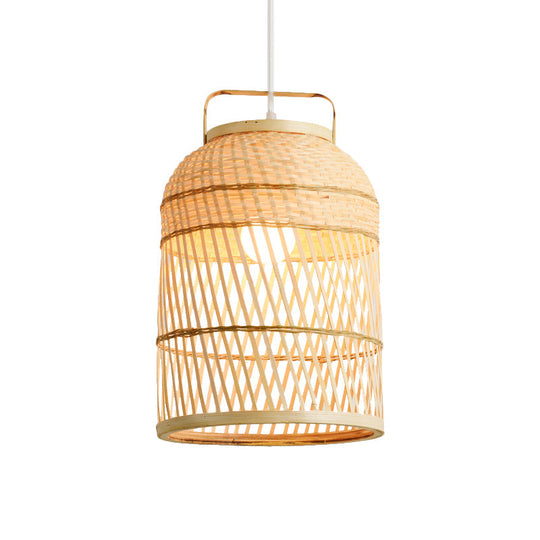 Rustic Bamboo Bird Cage Pendant Lamp With Handle - 1-Bulb Ceiling Hanging Light