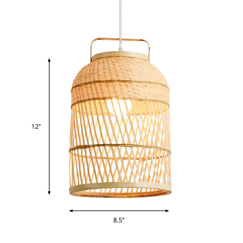 Rustic Bamboo Bird Cage Pendant Lamp With Handle - 1-Bulb Ceiling Hanging Light