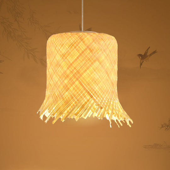 Bamboo Cylinder Pendant Light Kit - Contemporary Wood Hanging 8/10 Wide Suspended Lamp