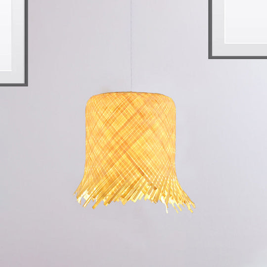 Bamboo Cylinder Pendant Light Kit - Contemporary Wood Hanging 8/10 Wide Suspended Lamp