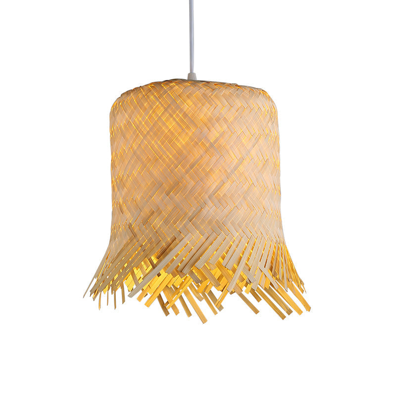 Bamboo Cylinder Pendant Light Kit - Contemporary Wood Hanging 8/10 Wide Suspended Lamp