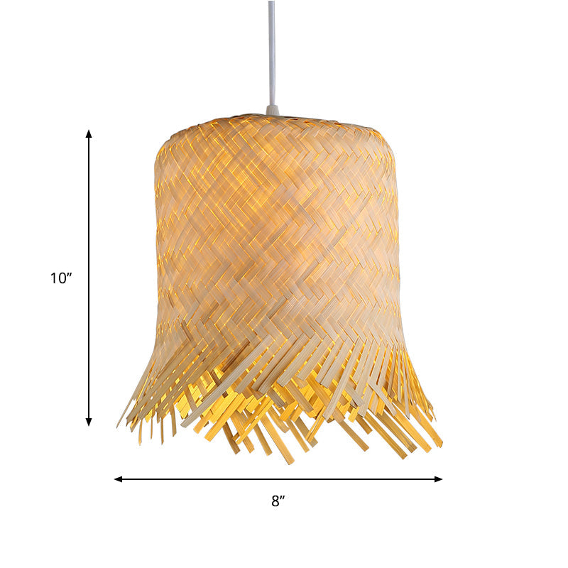 Bamboo Cylinder Pendant Light Kit - Contemporary Wood Hanging 8/10 Wide Suspended Lamp