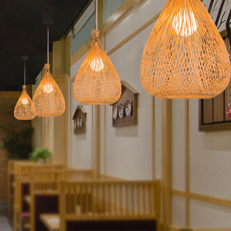 Modern Asian Bamboo Shade Pendant Ceiling Light With Wood Teardrop Design