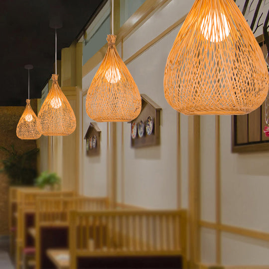 Modern Asian Bamboo Shade Pendant Ceiling Light With Wood Teardrop Design