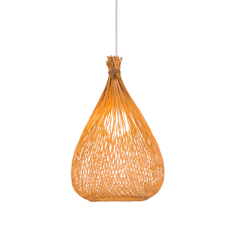 Modern Asian Bamboo Shade Pendant Ceiling Light With Wood Teardrop Design