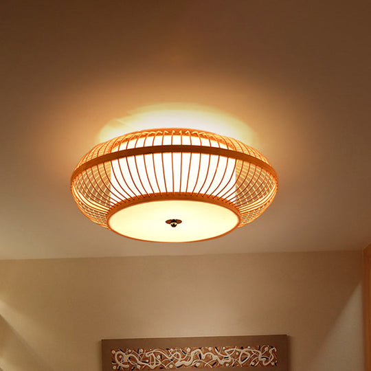 Bamboo LED Flush Mount Lamp for Living Room - Traditional Wood Cylinder/Donut Design