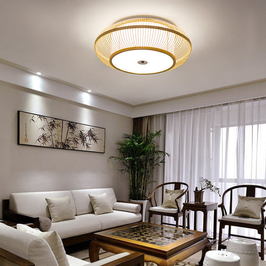 Bamboo LED Flush Mount Lamp for Living Room - Traditional Wood Cylinder/Donut Design