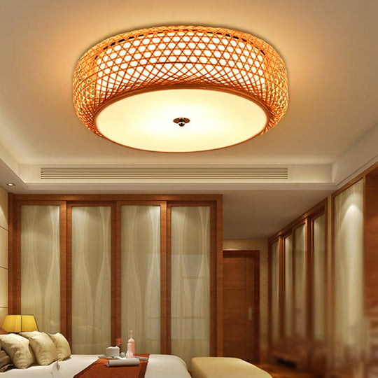 Bamboo LED Flush Mount Lamp for Living Room - Traditional Wood Cylinder/Donut Design