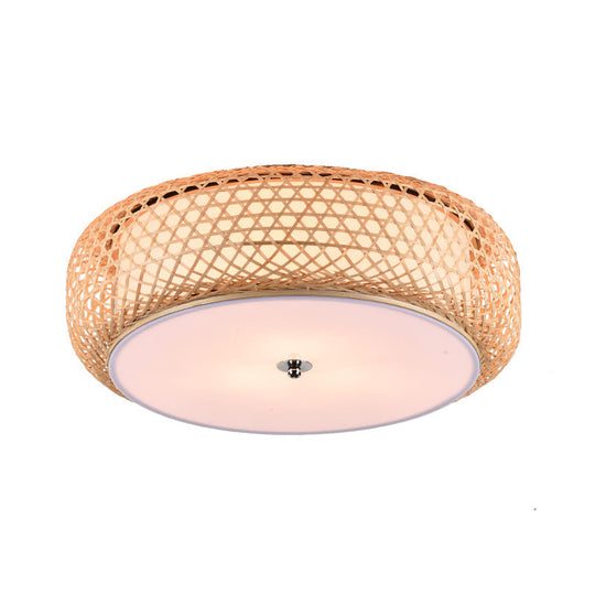 Bamboo LED Flush Mount Lamp for Living Room - Traditional Wood Cylinder/Donut Design