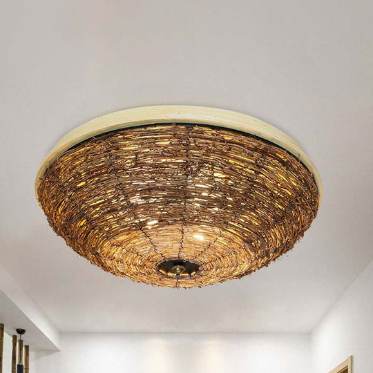 Traditional Rattan Wood Bowl Flush Ceiling Lamp - 3 Bulb Light Fixture, 12.5"/16.5" Wide