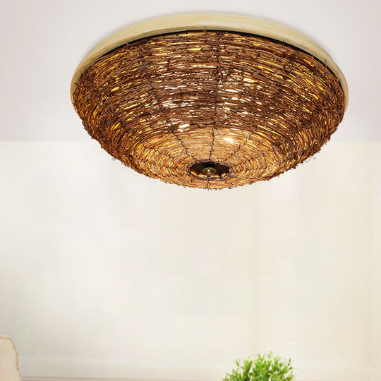 Traditional Rattan Wood Bowl Flush Ceiling Lamp - 3 Bulb Light Fixture, 12.5"/16.5" Wide