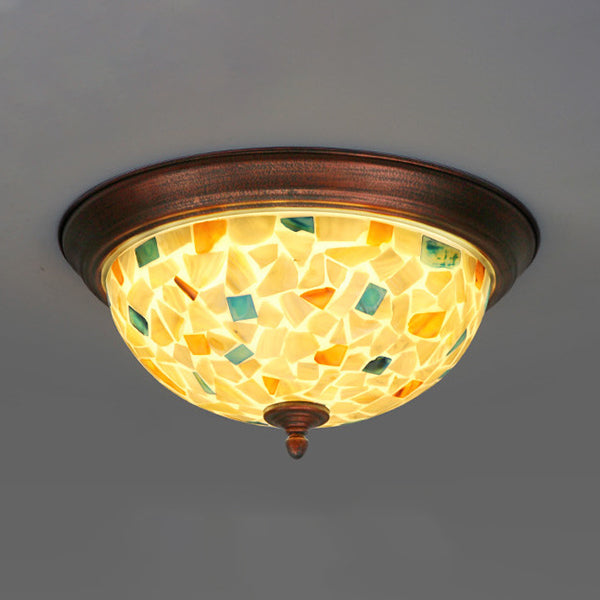 Beige Round Flushmount Lodge Stained Glass Ceiling Light Fixture With Floral/Geometric Elements /