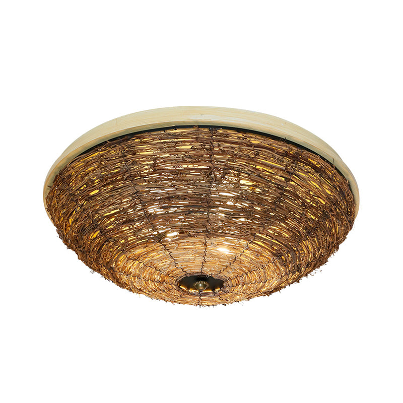 Traditional Rattan Wood Bowl Flush Ceiling Lamp - 3 Bulb Light Fixture, 12.5"/16.5" Wide