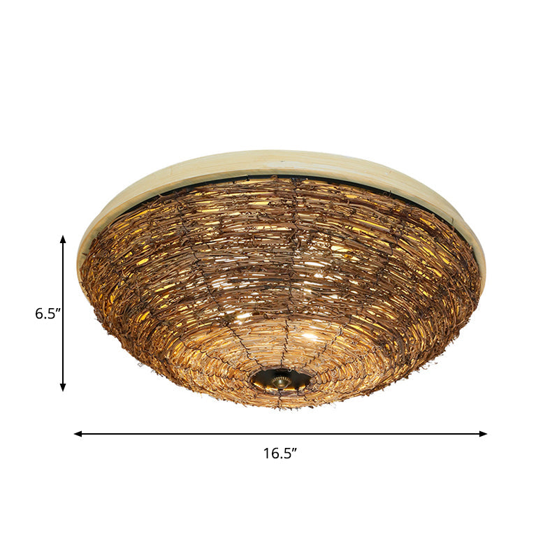 Traditional Rattan Wood Bowl Flush Ceiling Lamp - 3 Bulb Light Fixture 12.5/16.5 Wide