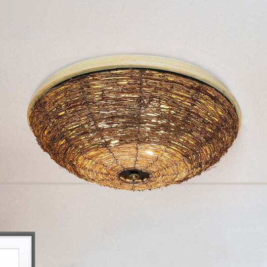 Traditional Rattan Wood Bowl Flush Ceiling Lamp - 3 Bulb Light Fixture, 12.5"/16.5" Wide