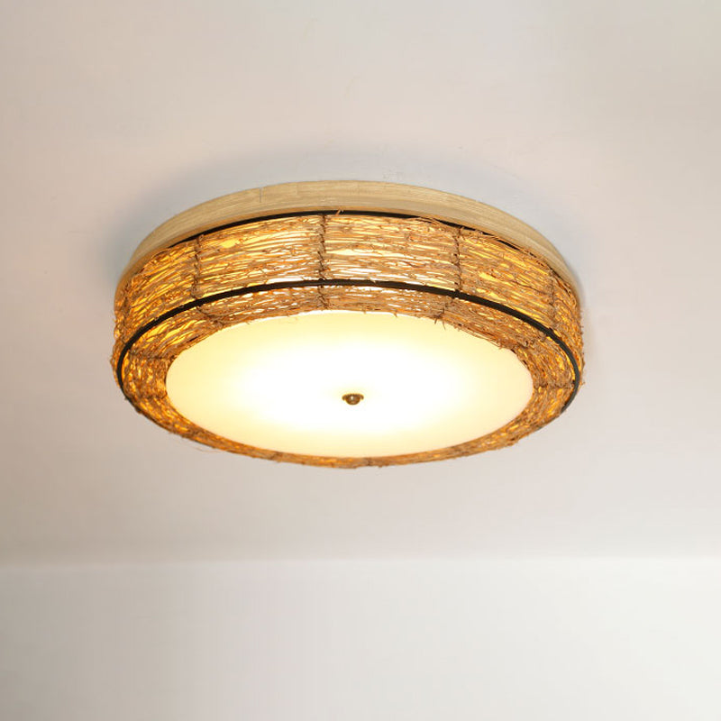 Traditional Rattan Round Flush Mount Chandelier - 12.5"/16.5" Wide - 5 Bulbs - Wood Ceiling Mount