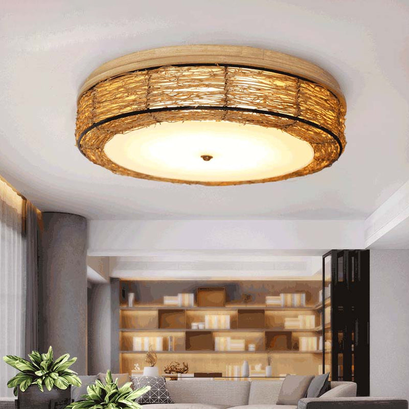 Traditional Rattan Round Flush Mount Chandelier - 12.5"/16.5" Wide - 5 Bulbs - Wood Ceiling Mount