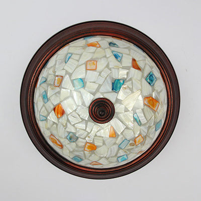 Beige Round Flushmount Lodge Stained Glass Ceiling Light Fixture With Floral/Geometric Elements