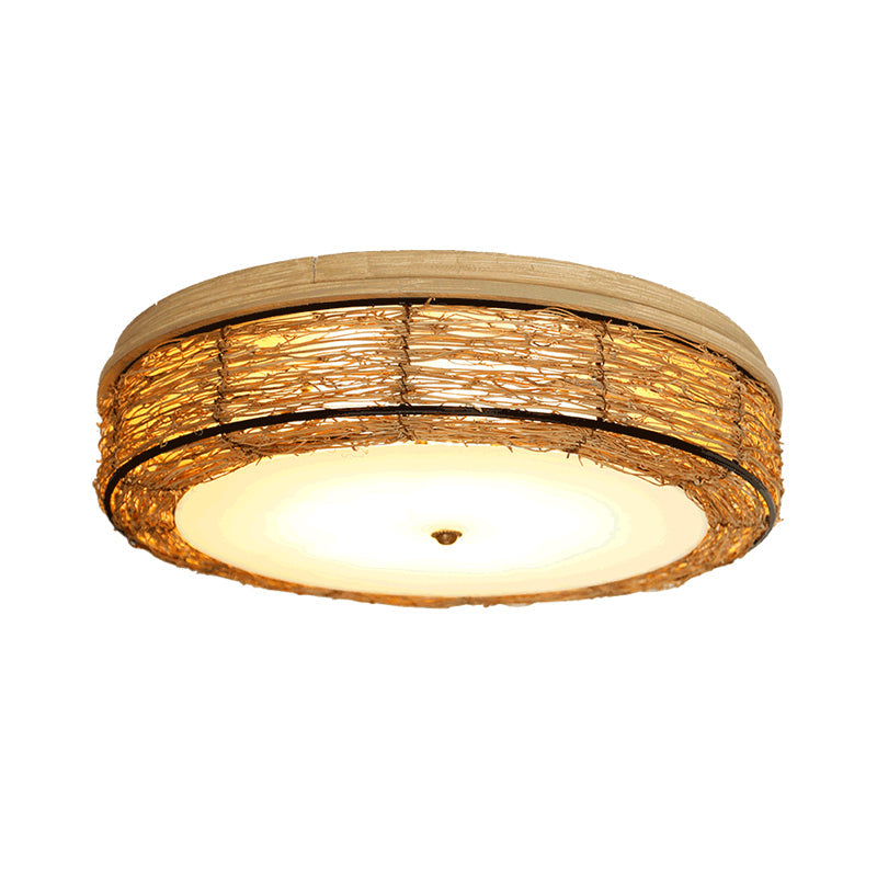 Traditional Rattan Round Flush Mount Chandelier - 12.5"/16.5" Wide - 5 Bulbs - Wood Ceiling Mount