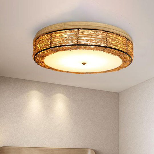 Traditional Rattan Round Flush Mount Chandelier - 12.5"/16.5" Wide - 5 Bulbs - Wood Ceiling Mount