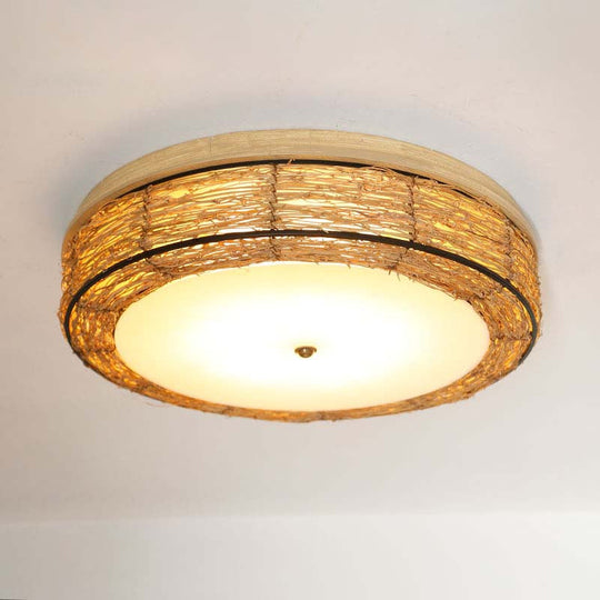 Traditional Rattan Round Flush Mount Chandelier - 12.5"/16.5" Wide - 5 Bulbs - Wood Ceiling Mount