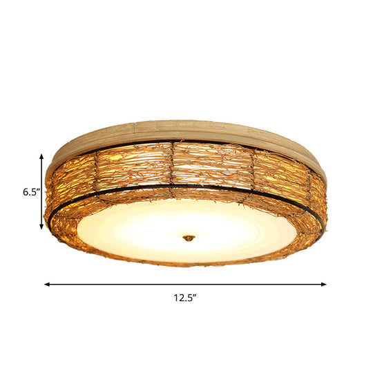 Traditional Rattan Round Flush Mount Chandelier - 12.5"/16.5" Wide - 5 Bulbs - Wood Ceiling Mount