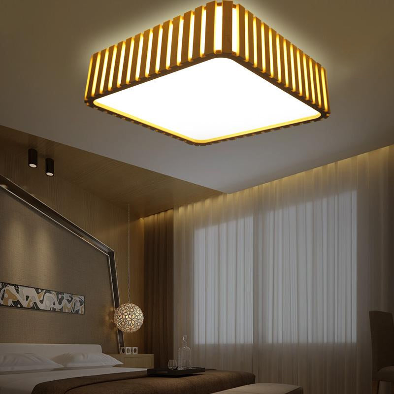 Contemporary Wood LED Flush Mount Ceiling Light Fixture - Bamboo Square Design